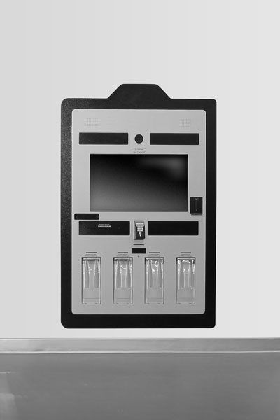 Grey and black in-wall kiosk