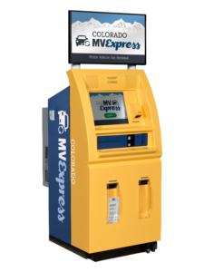Colorado MV Express blue and yellow kiosk
